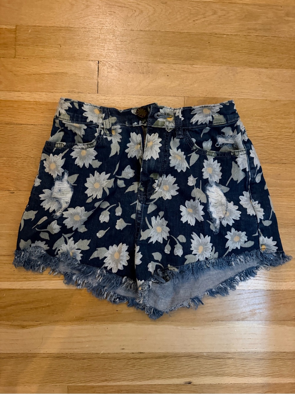 Show Me Your MuMu Dark Blue Daisy Print Denim Shorts with Frayed Hem